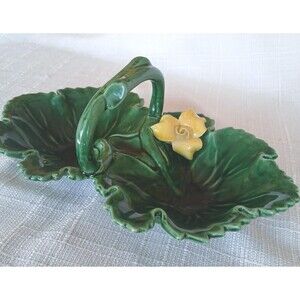 Vintage Majolica Cabbage Leaf handled Candy or Relish Dish with Yellow Rose